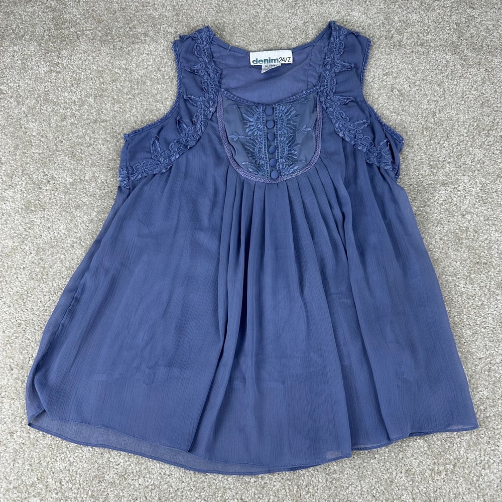 Denim 24/7 Womens 14W Blue Lace Embroidered Babydoll Boho Sleeveless Blouse Top